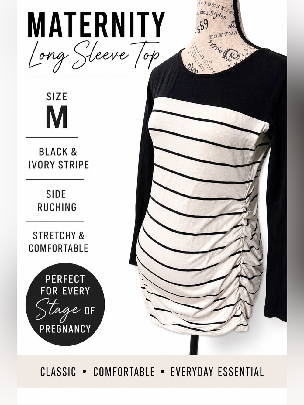 Maternity Striped Long Sleeve Top Medium Black Ivory Ruched Pregnancy Shirt